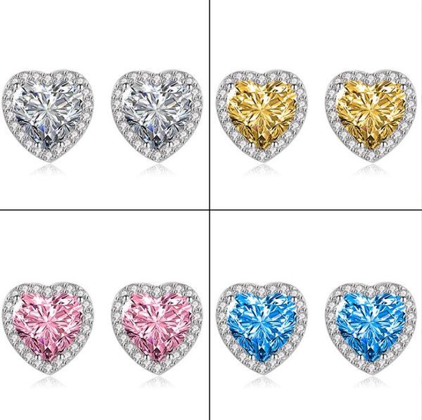 

choucong brand stud earrings handmade simple fashion jewelry real 925 sterling silver heart shape multi color 5a cubic zircon cz diamond wom, Golden;silver
