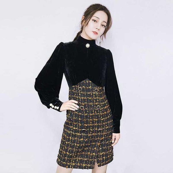 

runway hepburn new women high-end long sleeves dress spring lady temperament velvet splicing vintage elegant dress, Black;gray