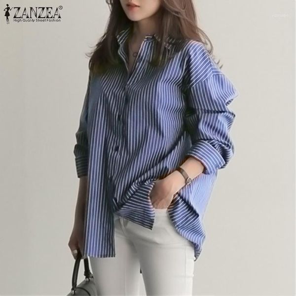 

fashion button shirts women's blouse 2020 zanzea casual long sleeve shirts female lapel stripe print blusas tunic chemise1, White