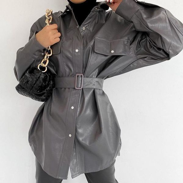 

floy fashion tie belt high imitation leather coats women elegant solid pu leather jackets women turn down collar coats ladies1, Black