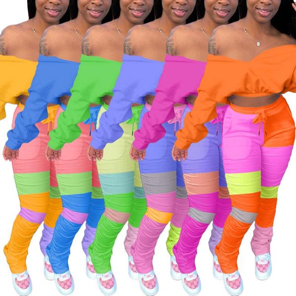 

women casual clothing set solid color long sleeve off-shoulder cropped + drawstring waist pleated trousers, Gray