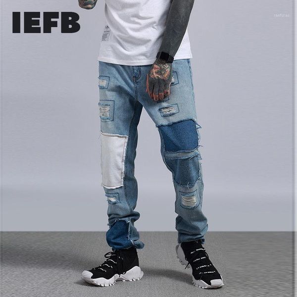 

iefb men's color block blue jeans pants old patch patching patching denim wide leg pants vintage streetwear washed jeans 9y51811