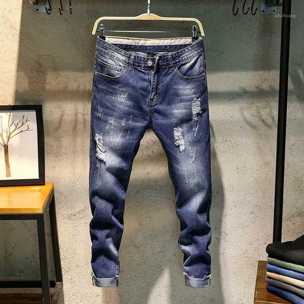 

casual jeans pants retro men's style fashion denim jeans slim fit stretch ankle length ripped skinny trousers1, Blue