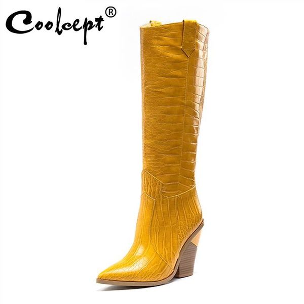 

coolcept колено высокие сапоги для женщин brand new плюс размер 33-46 winter keep warm плюшевые обувь western пастушка толстые высокой пятки, Black