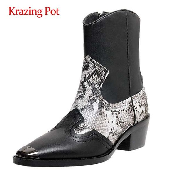 

krazing pot winter new boots cow leather mixed colors small square toe thick high heel zipper datinf daily wear ankle boots l18, Black