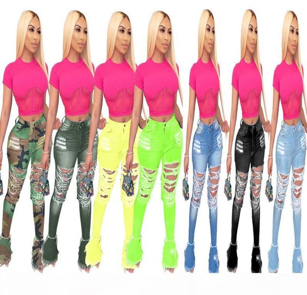 

women hole denim jeans bell bottomed pants stretch slim pants calf length jeans high waisted ladies fashion women trousers 821, Blue