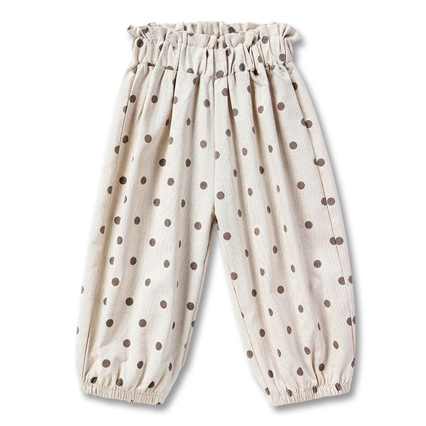 

for children and girls, cotton and linen high-waisted, wave-point 7-minute hipster pants with fashionable flower buds and waist girdle, Blue