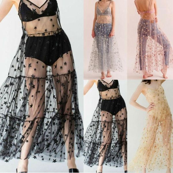 

cover-ups women mesh sheer beach wear dress lace swimwear bikini cover ups up sleeveless strappy star print maxi summer1