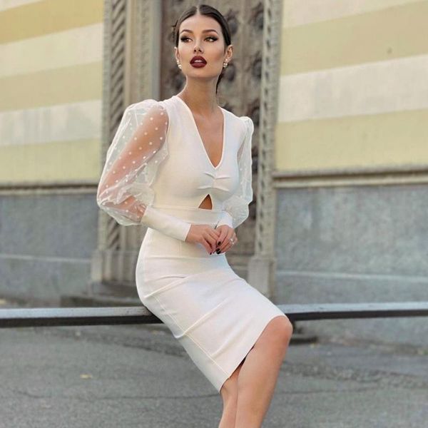 

adyce 2020 new winter white lace long sleeve women bodycon bandage dress hollow out v neck midi evening runway party dress, Black;gray