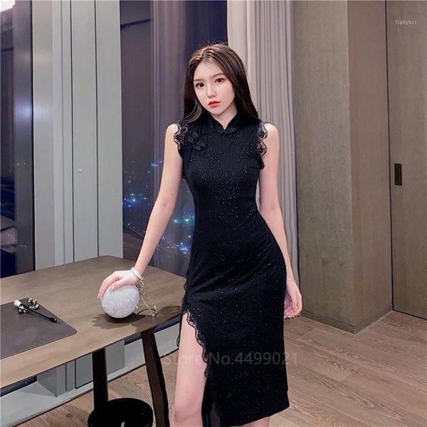 

chinese traditional clothing cheongsam qipao tight bodycon sleeveless women dress black lace split fork vintage party1, Red