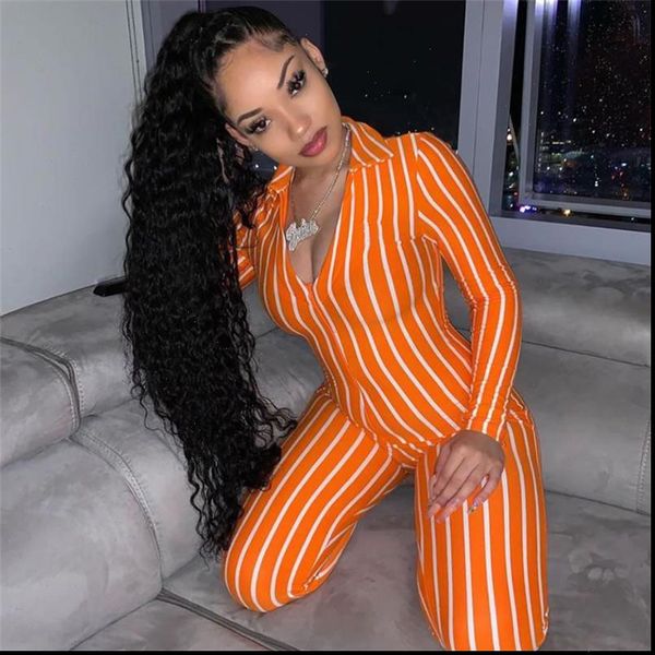 

striped v neck jumpsuit 2021 summer long sleeve slim women high waist streetwear club bodycon female rompers, Black;white