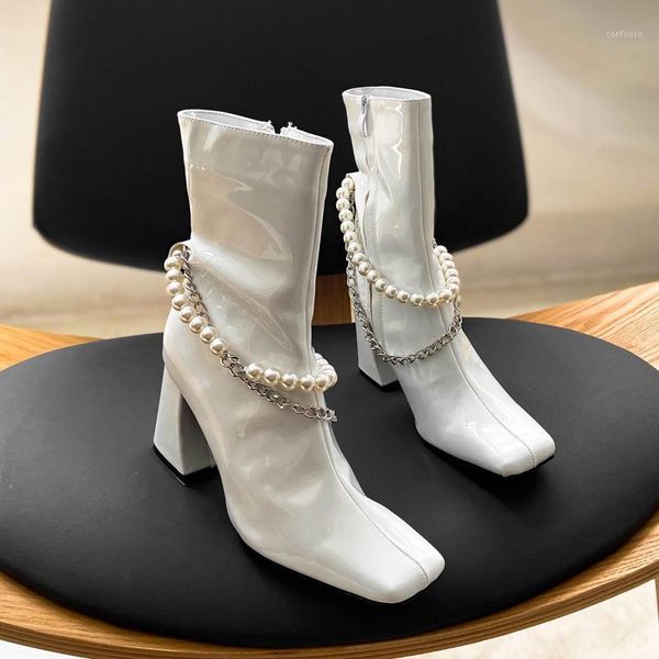 

deat 2020 new spring autumn fashion casual solid color square head patent leather chain pearl thick short boots women sf6061, Black