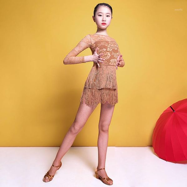 

long sleeve lace tassel backless latin dance one-piece dresses for little girl/children,ballroom costume performance wear g31681, Black;red