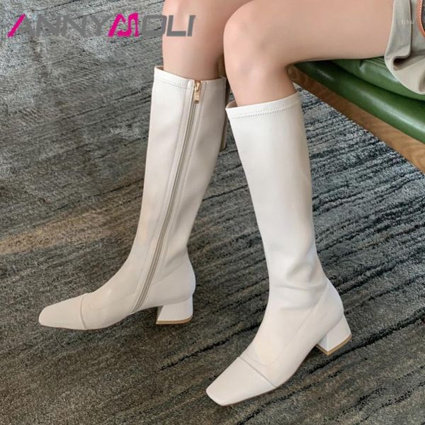 

boots annymoli genuine leather mid heel knee high women shoes square toe thick heels zipper stretch long ladies black 401