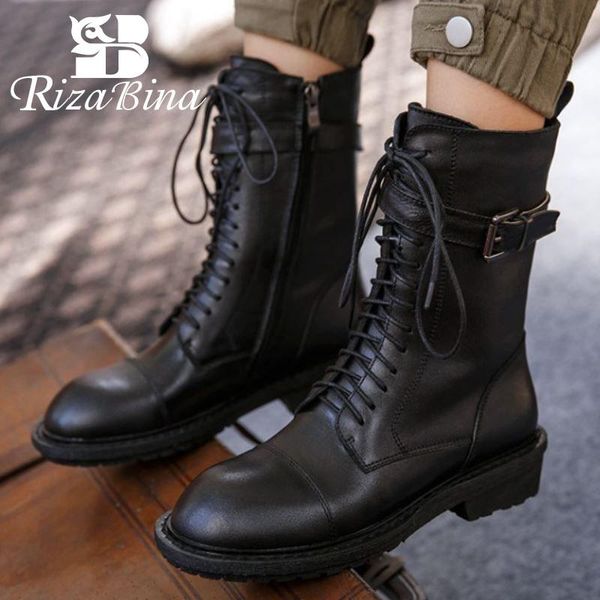 

boots rizabina real leather women ankle cross strap metal decoration zipper shoes winter fashion footwear size 34-39, Black