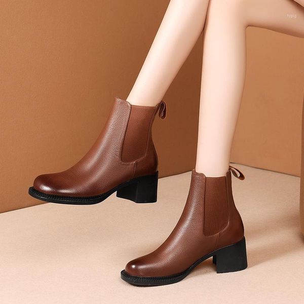 

boots 100% cow leather women's rouned toe thick high heels ladies ankle elastic band working night club shoes woman1, Black