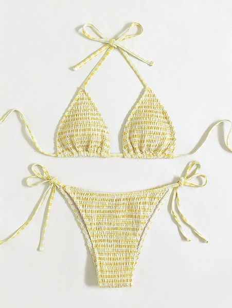 

gingham smocked triangle tie side bikini swimsuit r0c4#, White;black