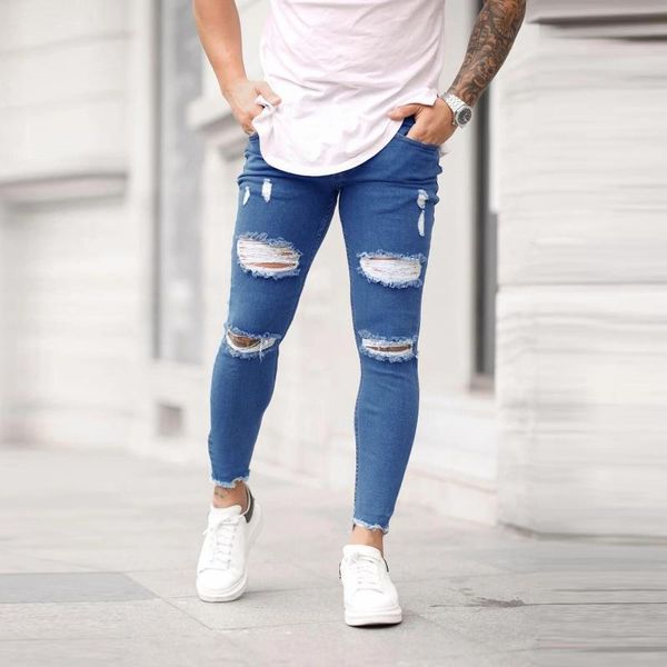

fashion men skinny jeans zipper denim ripped hole vintage slim high waist stretch hip hop work trousers casual jeans pants#35, Blue