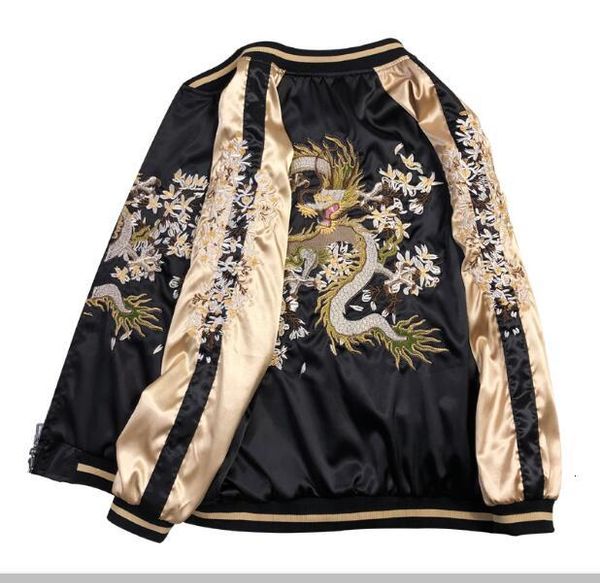 

new spring autumn women's cherry dragon embroidered both sides wear bomber jacket men and women couples baseball coat, Black;brown