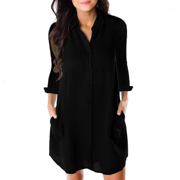 

women loose solid dresses turn down casual ladies office shirt dresses button 2019 summer spring long sleeve vestidos1, Black;gray