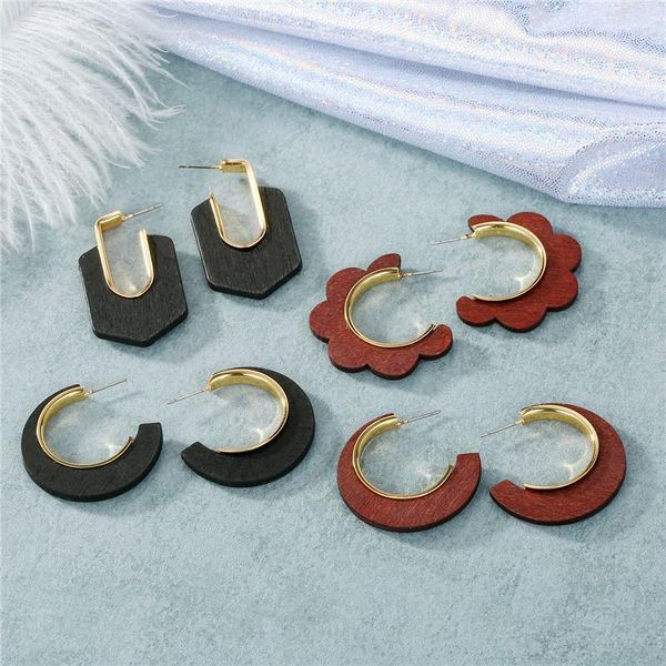 

hoop & huggie dayoff europe gold color wood earrrings for women jewelry punk geometric wooden circle round earrings e4691, Golden;silver