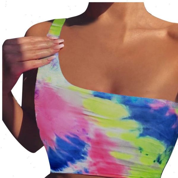 

women single one shoulder crop harajuku tie dye printing sleeveless t shirt casual tank ummer beach party blusas, White