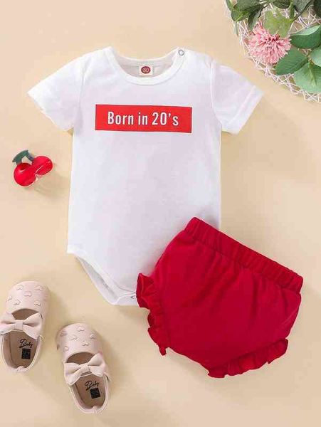 

baby slogan graphic bodysuit & frill trim shorts she, Blue