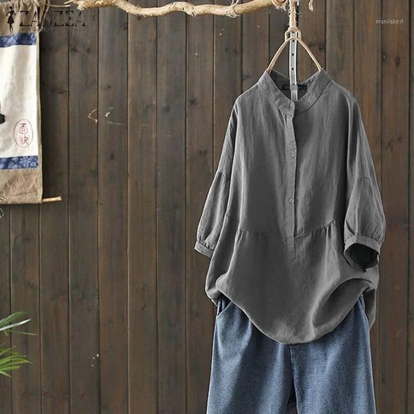 

2020 summer cotton shirts casual half sleeve tunic zanzea women vintage solid o neck blouse female blusas chemise plus size1, White