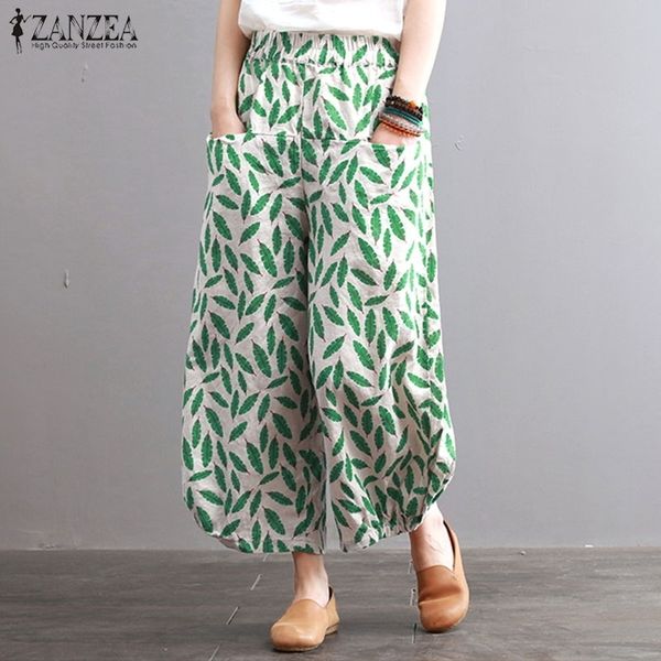 

women's casual pantalon zanzea wide leg pants elastic waist trousers female print harem pant floral pantalon plus size y200418, Black;white