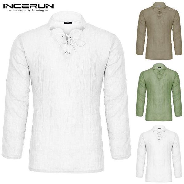 

incerun men's shirt fashion long sleeve v-neck streetwear medieval peasant retro solid color men shirt1, White;black