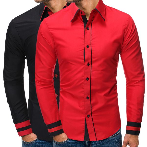 

2020 cross-border european size shirt new mens fashion color contrast stitching trendy versatile casual long sleeve shirt 7034, White;black