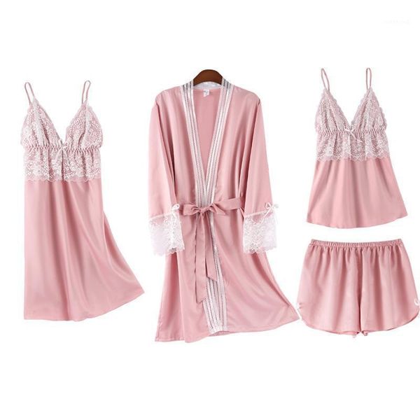 

lace white 4pcs sleep set women nighty&robe suit sleepwear satin bathrobe silky kimono gown intimate lingerie home clothes1, Black;red