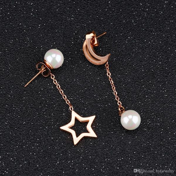 

charm star and moon drop earrings jewelry stainless steel 14k gold plated white pearl setting earrings women girl's gift, Silver
