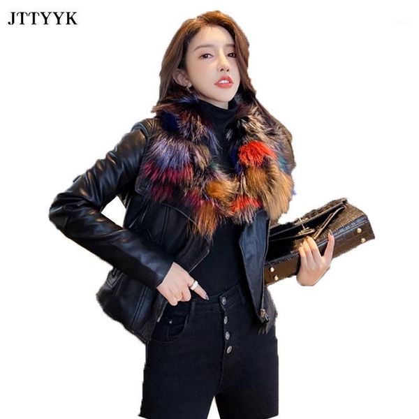 

autumn winter fashion short leather jacket women 2020 new slim locomotive pu leather jacket color fur collar thick cotton parker1, Black