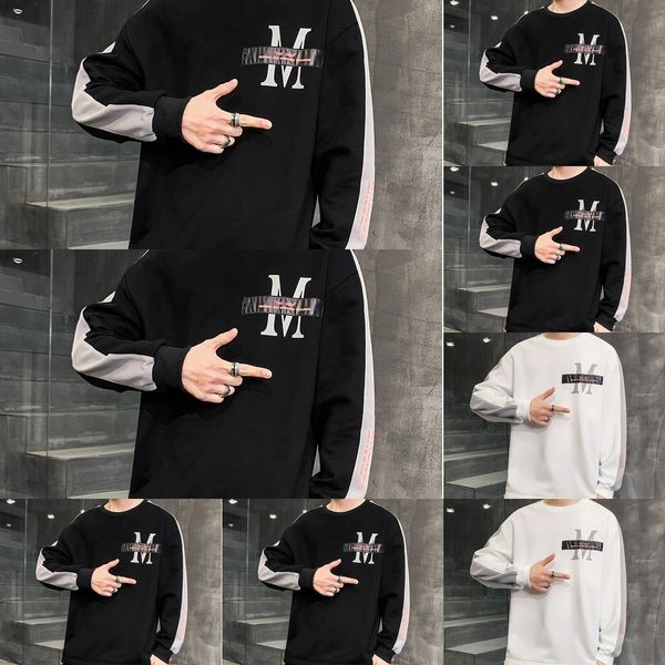 

spring 2020 new men's korean round neck long sleeve loose sweater men's printed bottoming pullover sweater pullover shirt big size, Black