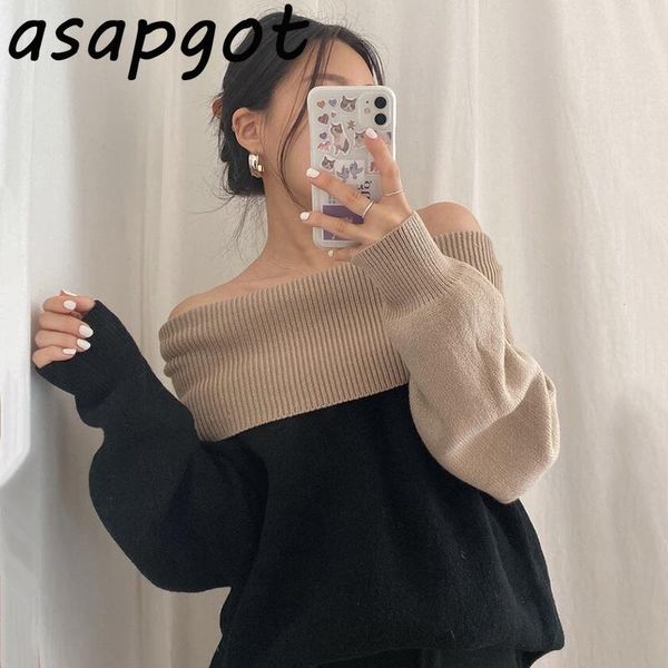 

chic korean temperament elegant puff long sleeve slash neck pullovers sweaters women hit color two-wear knitted retro, White;black