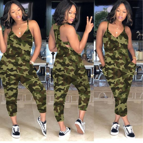 

women sleeveless jumpsuit 2020 camouflage v neck tank bodysuit female loungewear summer cool jump suit1, Black;white