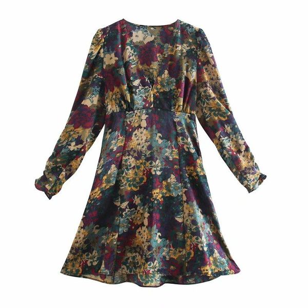 

casual dresses 2021 women dress print long sleeve v-neck above knee female fashion clothes, Black;gray