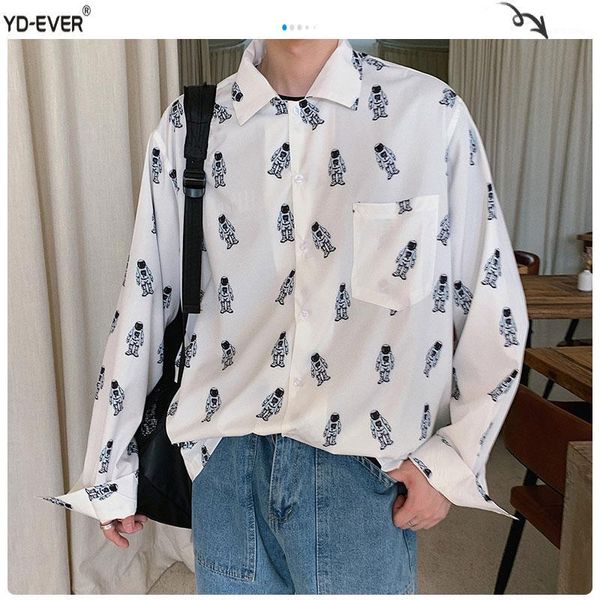 

fashion print spring white shirts for men 2020 korean casual long sleeve man blouse streetwear male loose shirts-d1, White;black