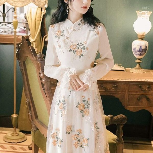 

chinese style floral embroidery improved cheongsam fairy princess costume girl vintage party waist long maxi dress female1, Black;gray