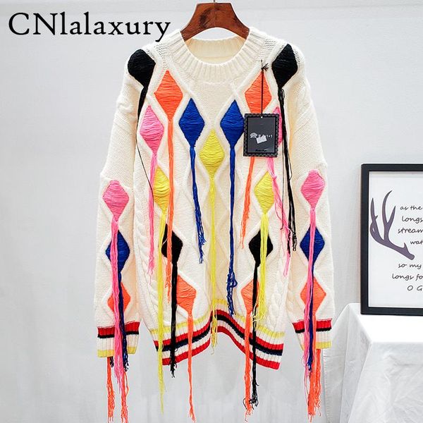 

new autumn winter pullover sweater women's tassel retro rainbow-colored plaid chic oversized knitwear loose jumper sueter mujer, White;black