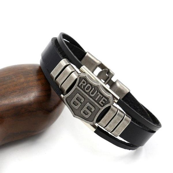

eif dock trendy leather bracelet with california route 66 road sign motorcycle biker rider black bangles males jewelry qylhdo