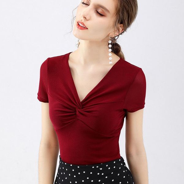 

women's t-shirt bow v neck short sleeve tshirt women summer fashion slim gauze breathable female solid t shirt for 20211, White