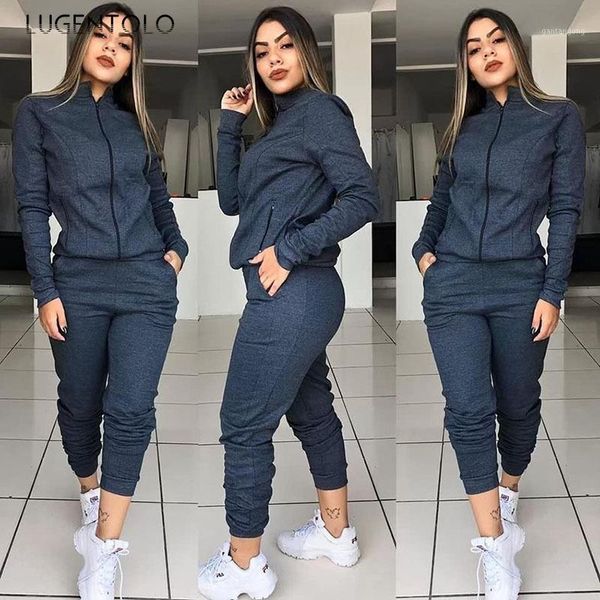 

lugentolo women's two-piece set spring autumn long sleeve zipper solid coat pocket long pants female simple street casual set1, Gray