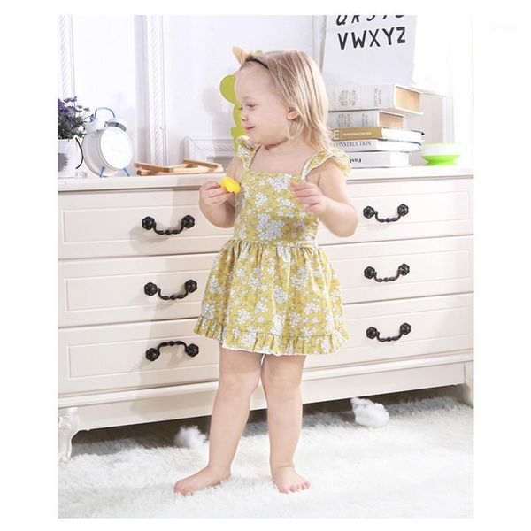 

girl's dresses fashion 2021 summer girls floral flying sleeve short dress baby plaid bandage backless vest pink vestidos de verano1, Red;yellow