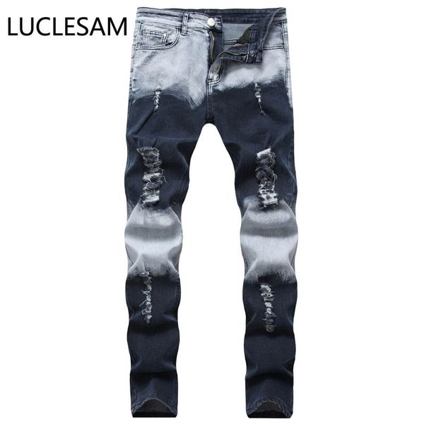 

contrast color mens jeans gradient frayed holes denim pants for men casual slim fit male hip hop pencil jean los hombres jeans, Blue