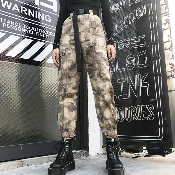 

2019 high waist camouflage cargo pants hip hop women camo pants streetwear pocket trousers sweatpants and joggers with belt1, Black;white