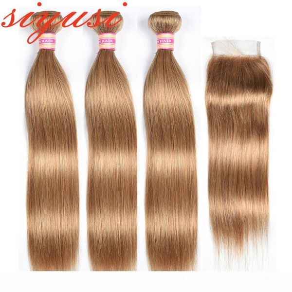 

pre-colored #27 malaysian virgin hair straight 3 4 bundles with closure blonde bundles with closure 100% human hair weave with closure, Black;brown