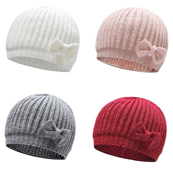 

hair accessories autumn winter cute bowknot baby hat knitted girl boy bonnet solid color warm kids beanie cap, Slivery;white