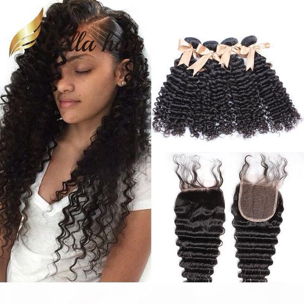 

5pcs lot closure and bundles deep wave curly hair weaves brizillian deep wave virgin hair 4pcs with lace closure bella, Black;brown